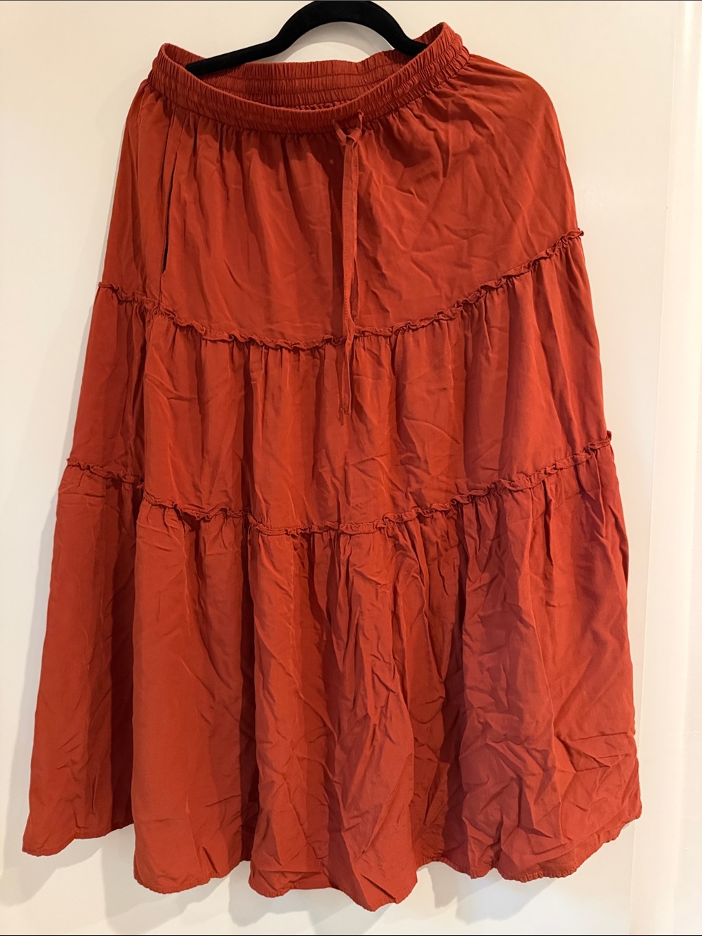 Leani Boho Ruffle Tiered Maxi Skirt in Rust with Elastic Waist